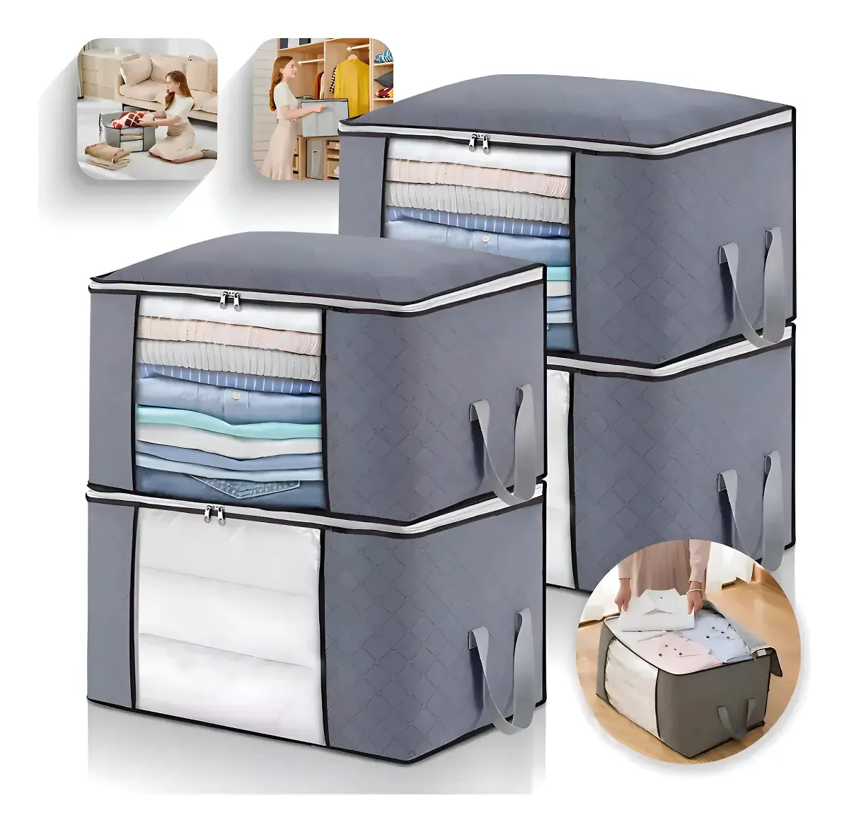 Kit 4 Sacos Organizadores Dobráveis para Roupa e Edredom 60x45x30cm