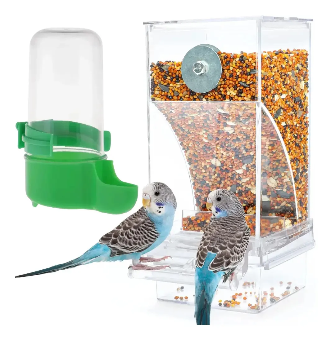 Alimentadores de pássaros sujos com acrílico transparente, dispensador automático de água para recipientes para alimentos em gaiolas, alimentador automático de papagaios, recipientes de sementes