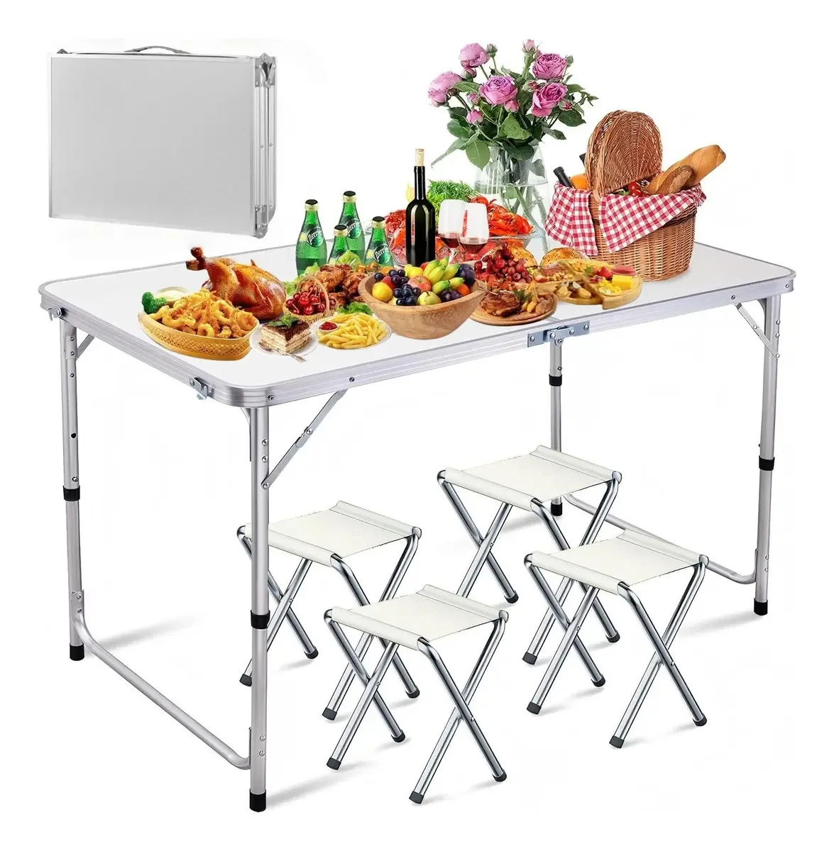 Mesa Dobravel Camping Portatil Maleta 120x60cm + 4 Banquetas Jmjn Mesa Dobrável Alumínio Vira Maleta 120x60cm Cor Branco