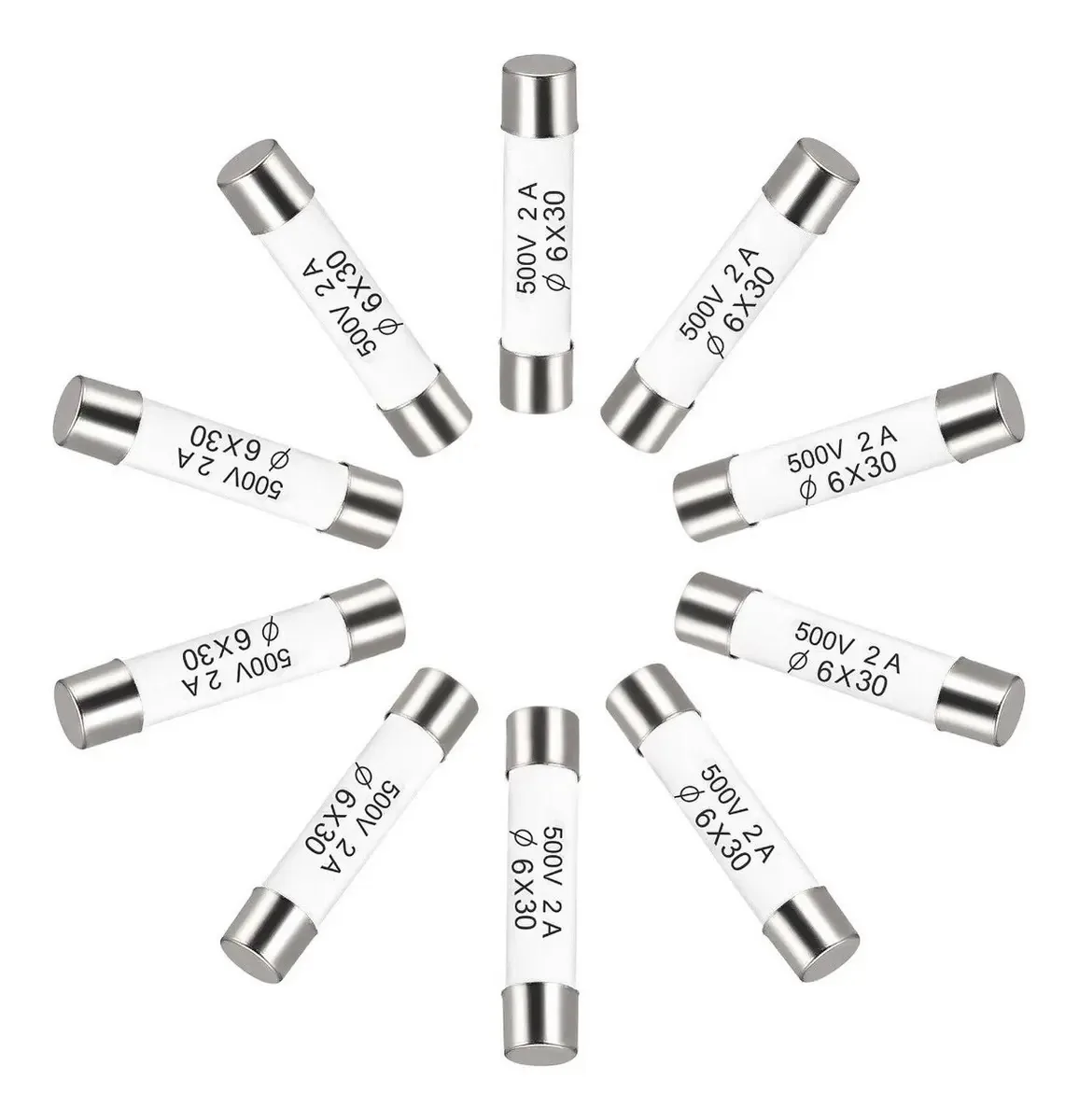 Fusíveis cerâmicos de cartucho 500v 2A 6x30mm 10 peças