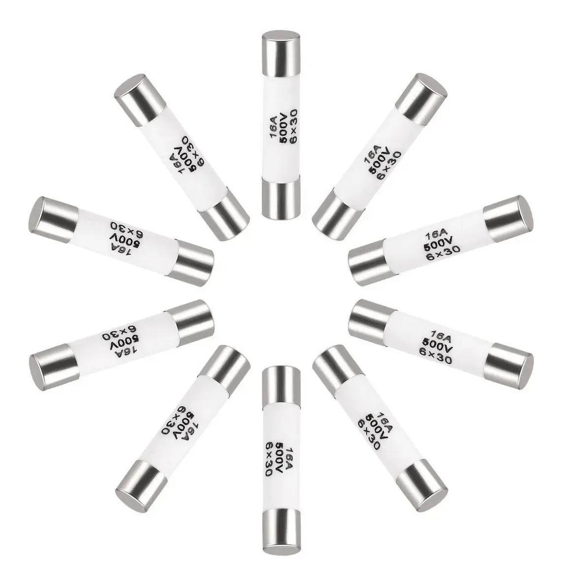 Fusíveis cerâmicos de cartucho 500v 16a 6x30mm 10 peças