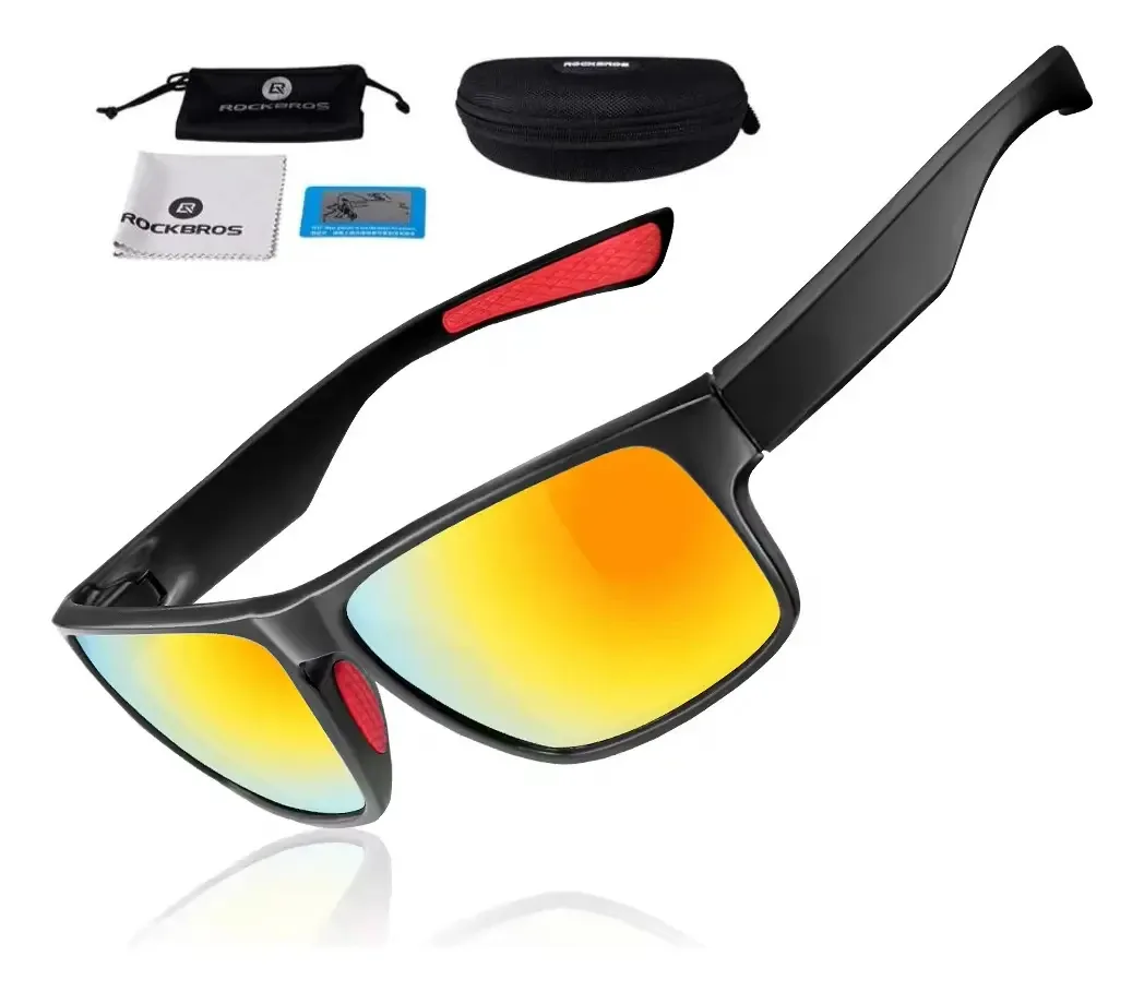 Óculos esportivos polarizados certificados pela Rockbros, lentes laranja, moldura preta