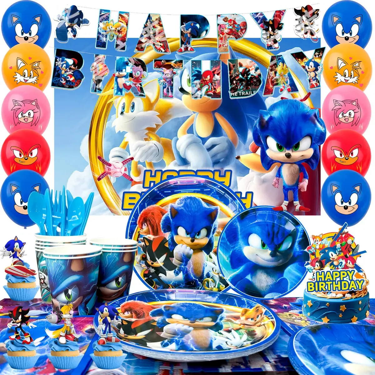 Conjunto de utensílios de mesa e decoração Sonic Party
