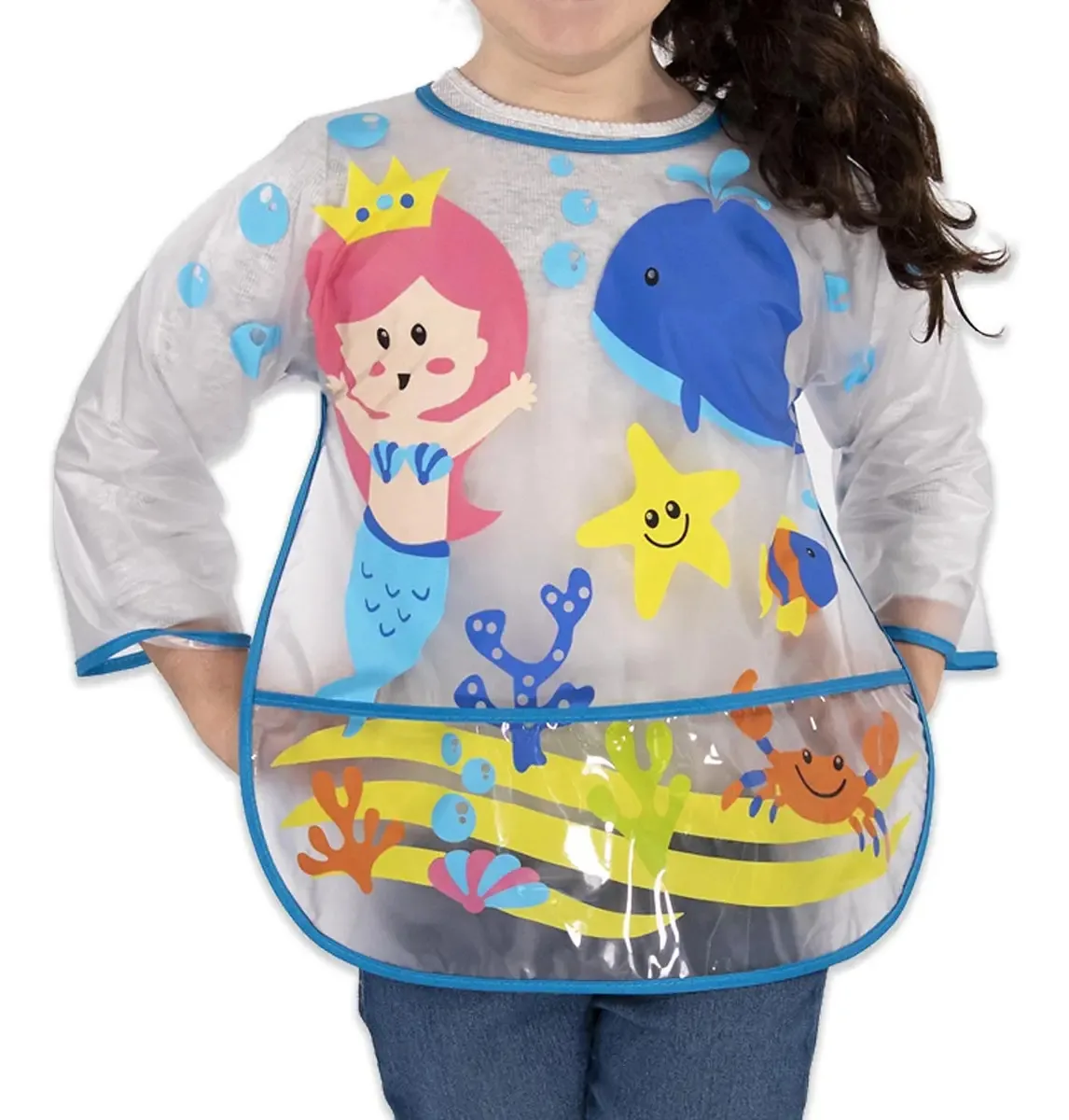 Roupão Art Apron para crianças de mangas compridas e 1 bolso. Ideal para assar, comer, fazer artes e artesanato. Sereia lavável e impermeável para crianças de 2 a 8 anos