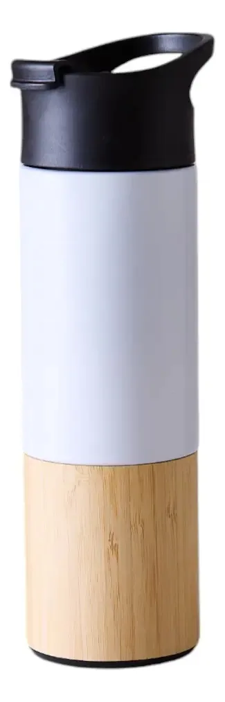 Garrafa térmica de aço e bambu preto/branco frio/calor 500ml