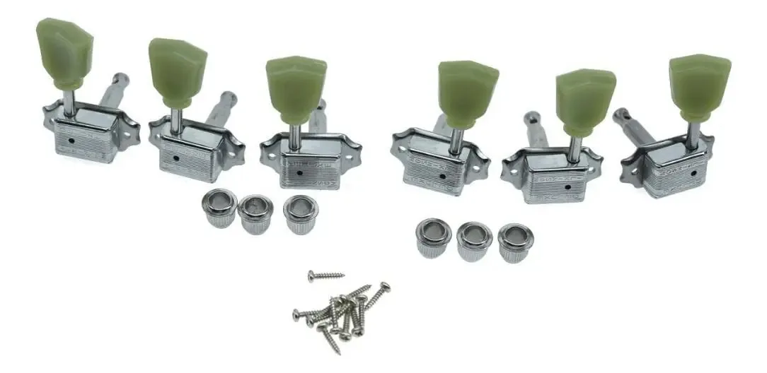 Guitarra Wilkinson Chrome com botão verde 3x3 Deluxe Tuners. Cor cromada com botão verde