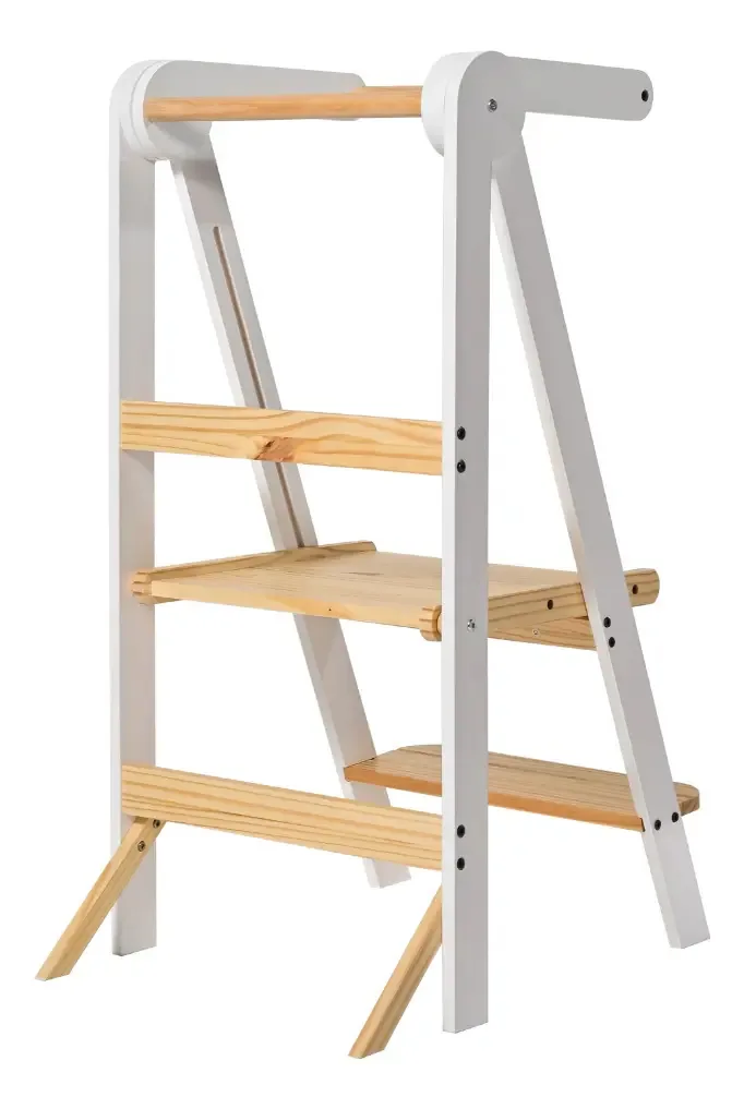 Torre de aprendizagem robusta Montessori, 2 níveis, madeira branca