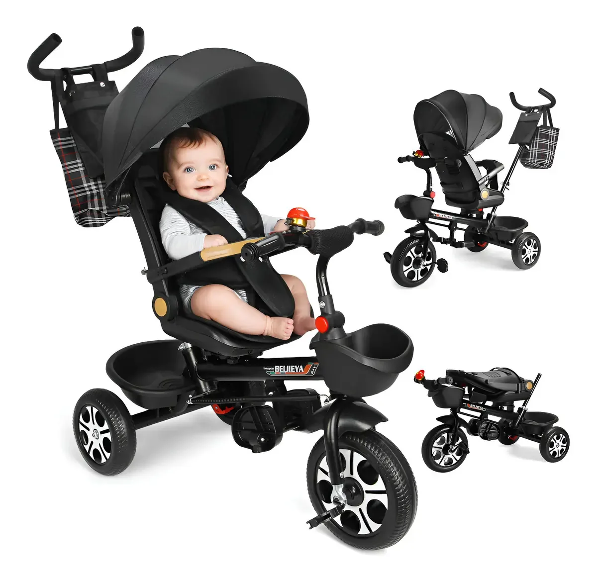 Triciclos infantis 9 em 1, triciclo dobrável para bebês em 360°, cor preta