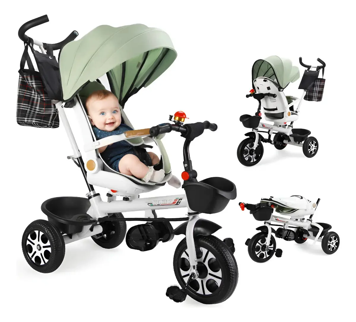 Triciclos infantis 9 em 1, triciclo dobrável para bebês em 360°, verde
