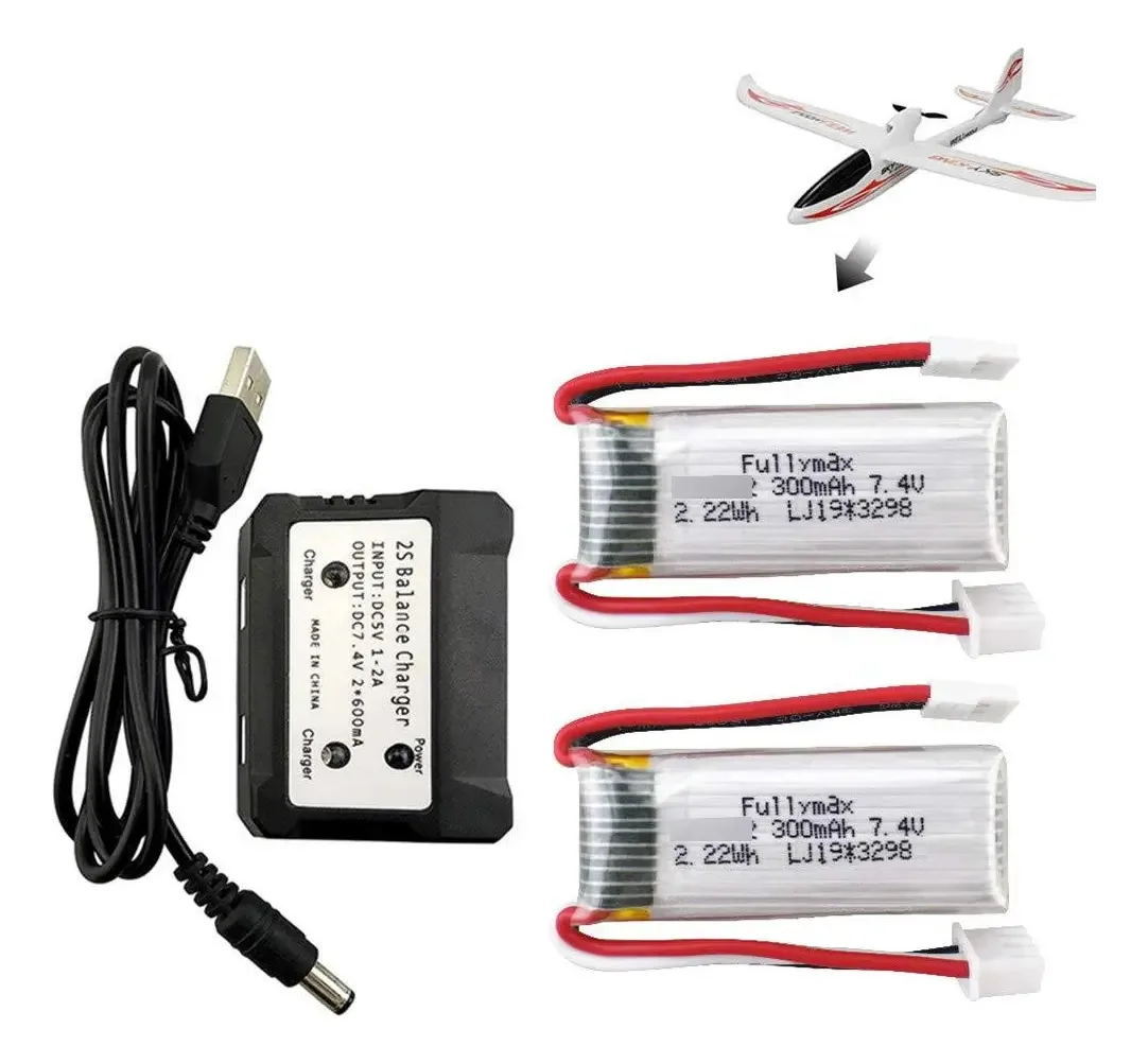 Bateria de lítio de 7,4 v 300 mAh com carregador 2 em 1 para drones