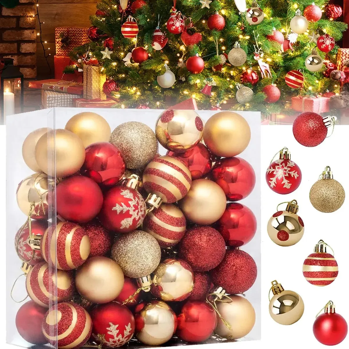 50 peças de enfeites de bola de Natal Artesanato decorativo Esferas de Natal Esferas de Natal Esferas de plástico Esferas vermelhas de Natal Decoração de Natal Enfeites de árvore de Natal