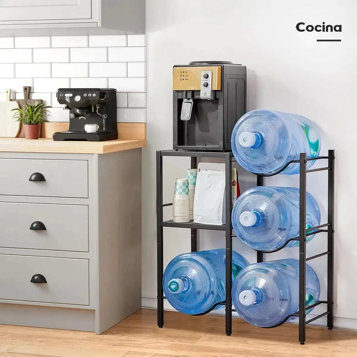 Prateleira de garrafas Biuld® de 5 galões com prateleira de armazenamento Refrigerador de água com prateleira de armazenamento de 2 camadas, 3 camadas, suporte doméstico, cozinha, preto