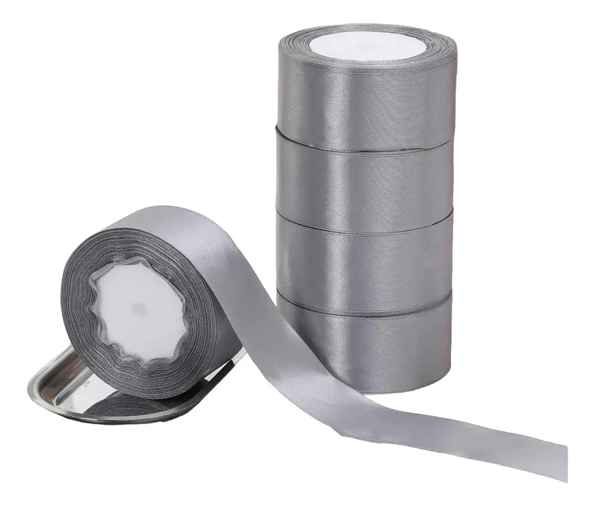 5 rolos de cetim para decoração colorida, fitas, 4 cm, prata