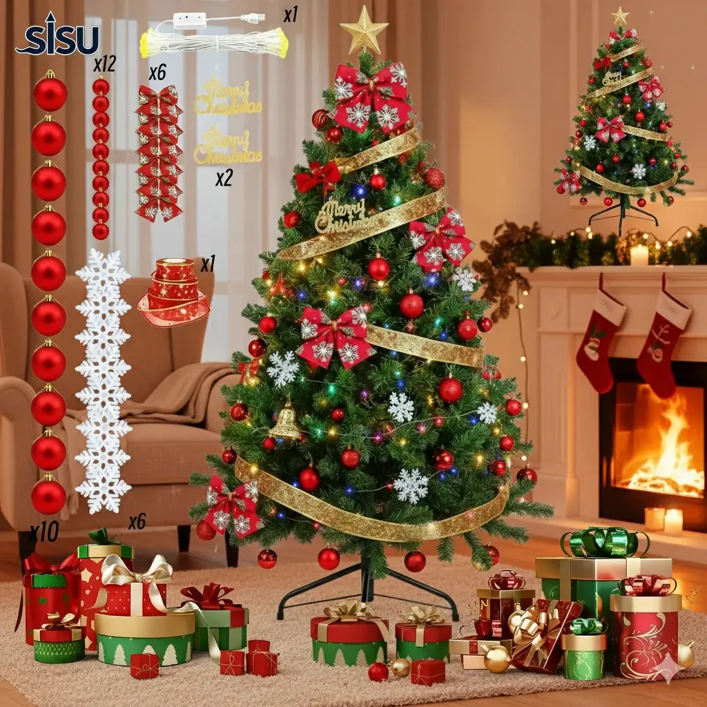 Árvores de Natal de 1,95 m, árvore de Natal com luzes e galhos, árvores de Natal frondosas, enfeites de flocos de neve/bolas brilhantes/luzes de corda/fitas/enfeites com letras/fitas - vermelhas