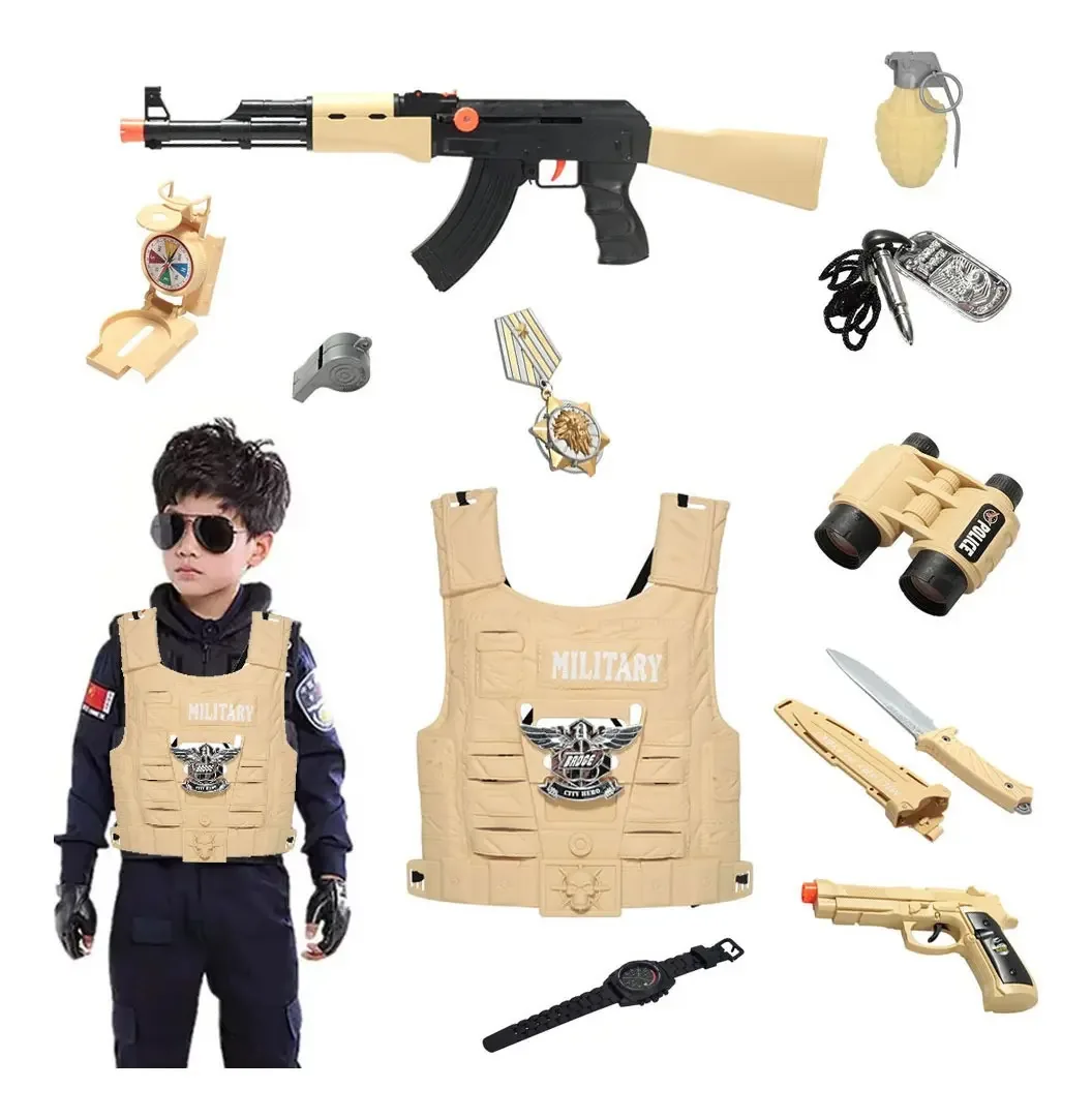 Conjunto Operação Flashpoint Militar Colete Arma Binóculos Cor Bege