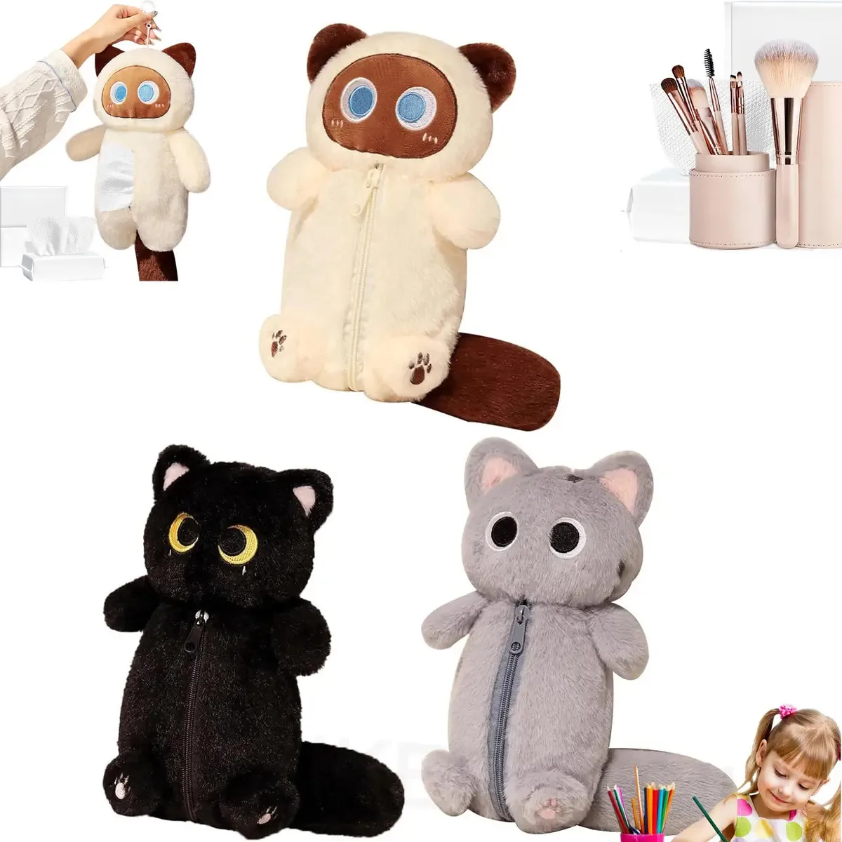 Estojos escolares Kawaii Kitten Organizer com 3 canetas pretas, bege/cinza