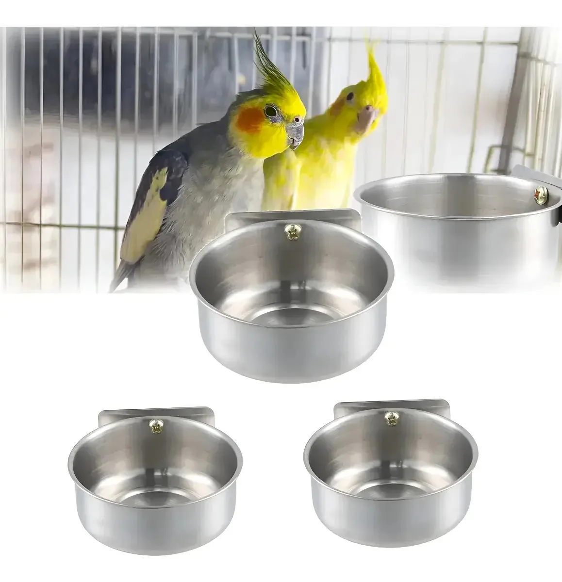 Conjuntos de comedouros Doremama de 3 peças para papagaios, tigela de aço inoxidável para papagaios, comedouro para pássaros, pratos de comida para periquitos, pequenos animais, tentilhões, prata
