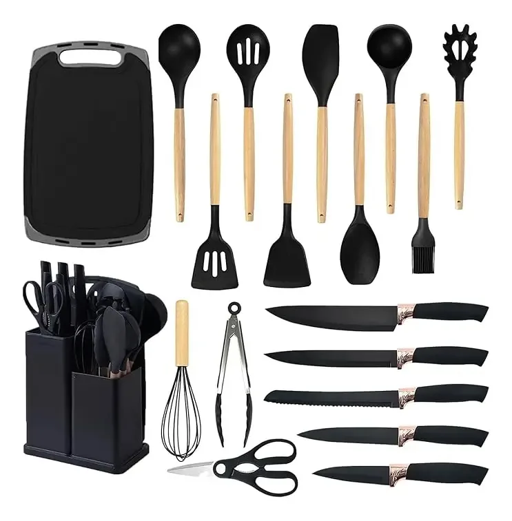 Conjunto de utensílios e facas de cozinha de silicone 19 peças