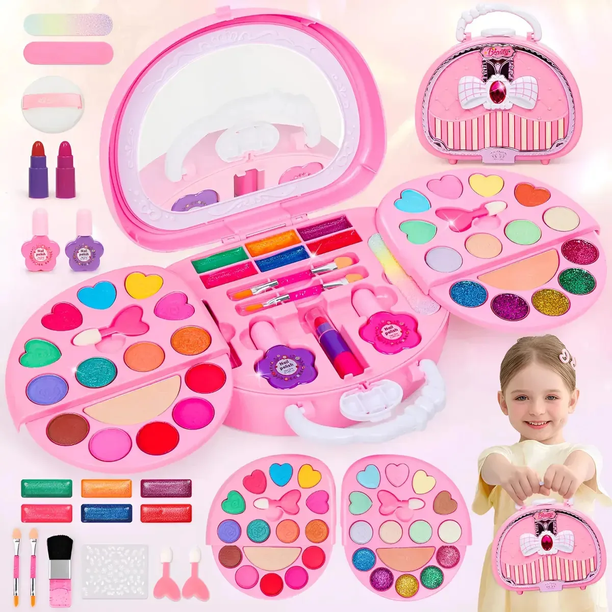 Kit de maquiagem infantil não tóxico Cyrene — Conjunto de beleza completo com espelho e aplicadores seguros — Cosméticos laváveis e fáceis de remover — Ideal para meninas de 3 a 8 anos — Inclui...