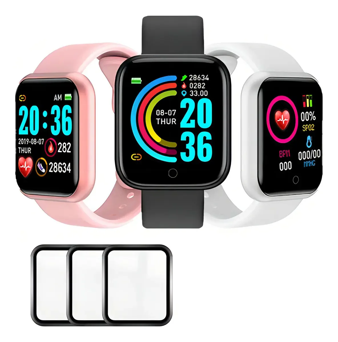3 Smartwatches D20 Y68 + 3 Películas 3d Cor Da Pulseira Preto Cor Da Caixa 3pcs