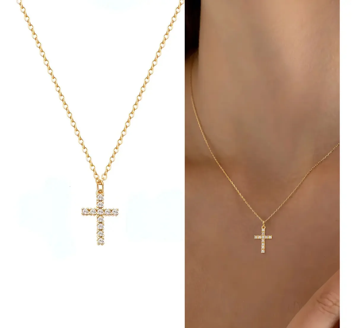Colar feminino cruzado banhado a ouro 18k, pingente de cruz, colares e correntes, pingente dourado, colares para mulheres