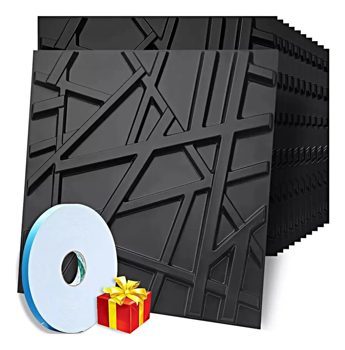 Kit Painéis de parede decorativos 3d Pvc preto 50x50cm 16 peças Manzanoshop zx3dqc1688