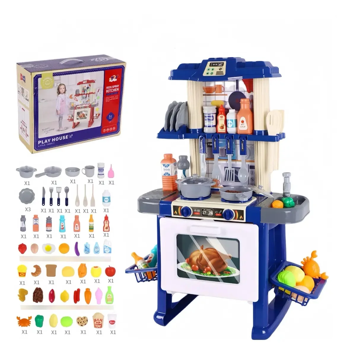 Cozinha de Brinquedo Grande 69pcs Crianças Luz Som 71cm Azul