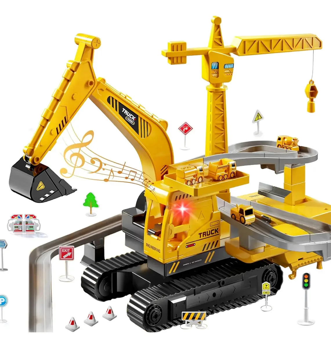 Pista de carro com escavadeira, brinquedo infantil multifuncional, amarelo