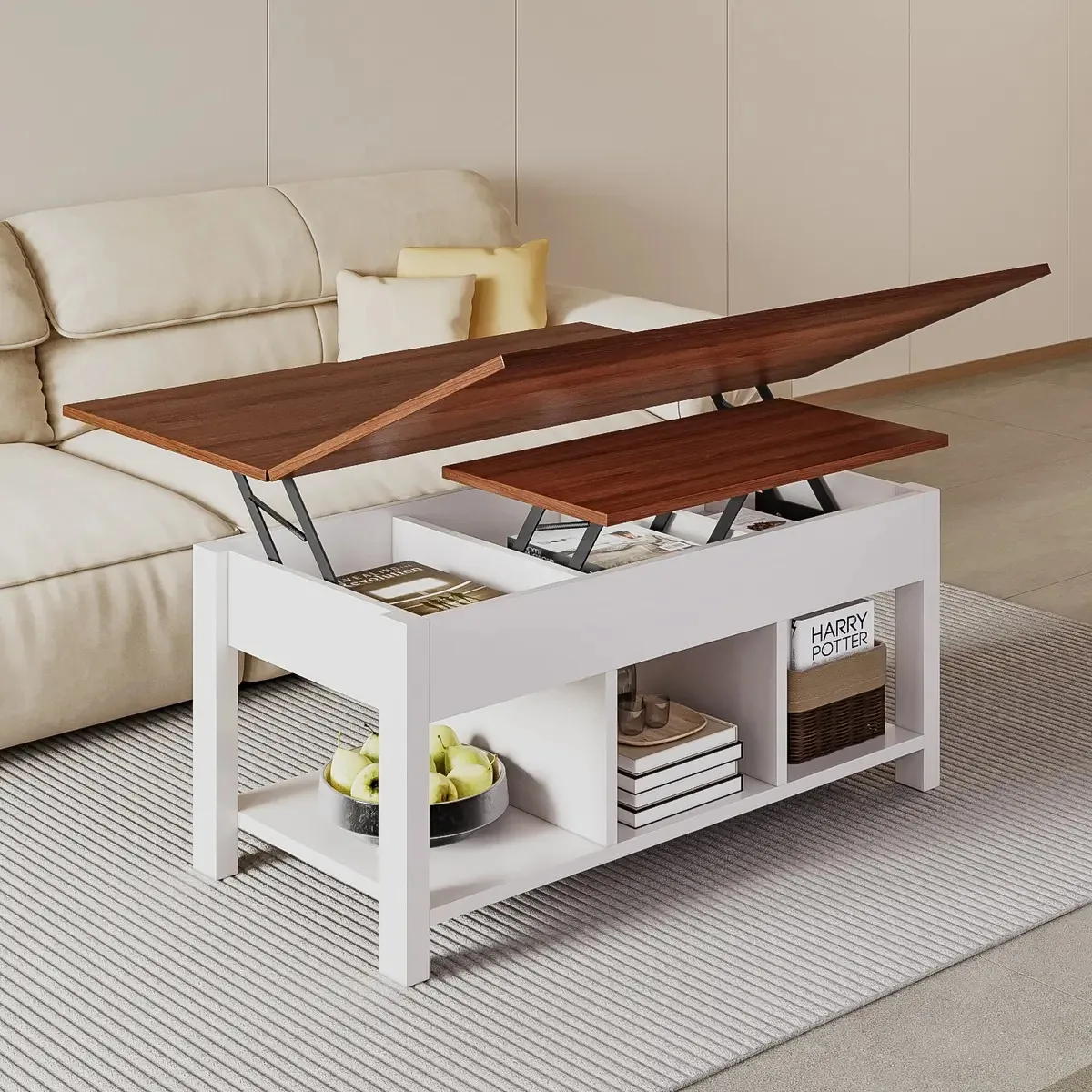 Mesa de café com tampa de elevação dupla, cor: branco, branco