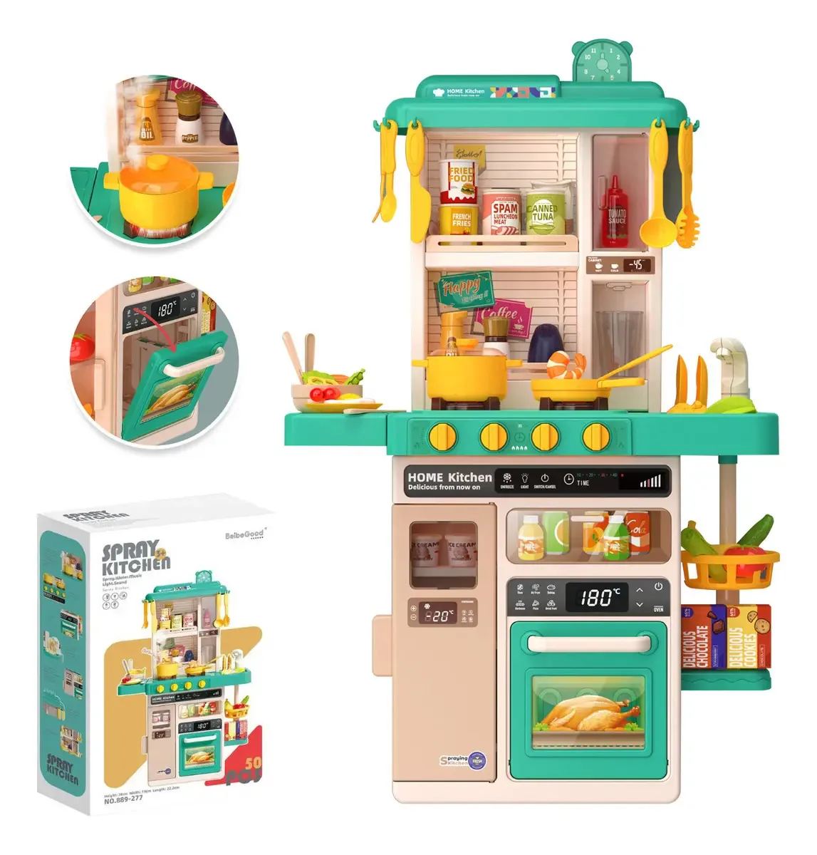 Brinquedo de cozinha grande 50 peças para crianças Spray Kitchen 78 cm verde