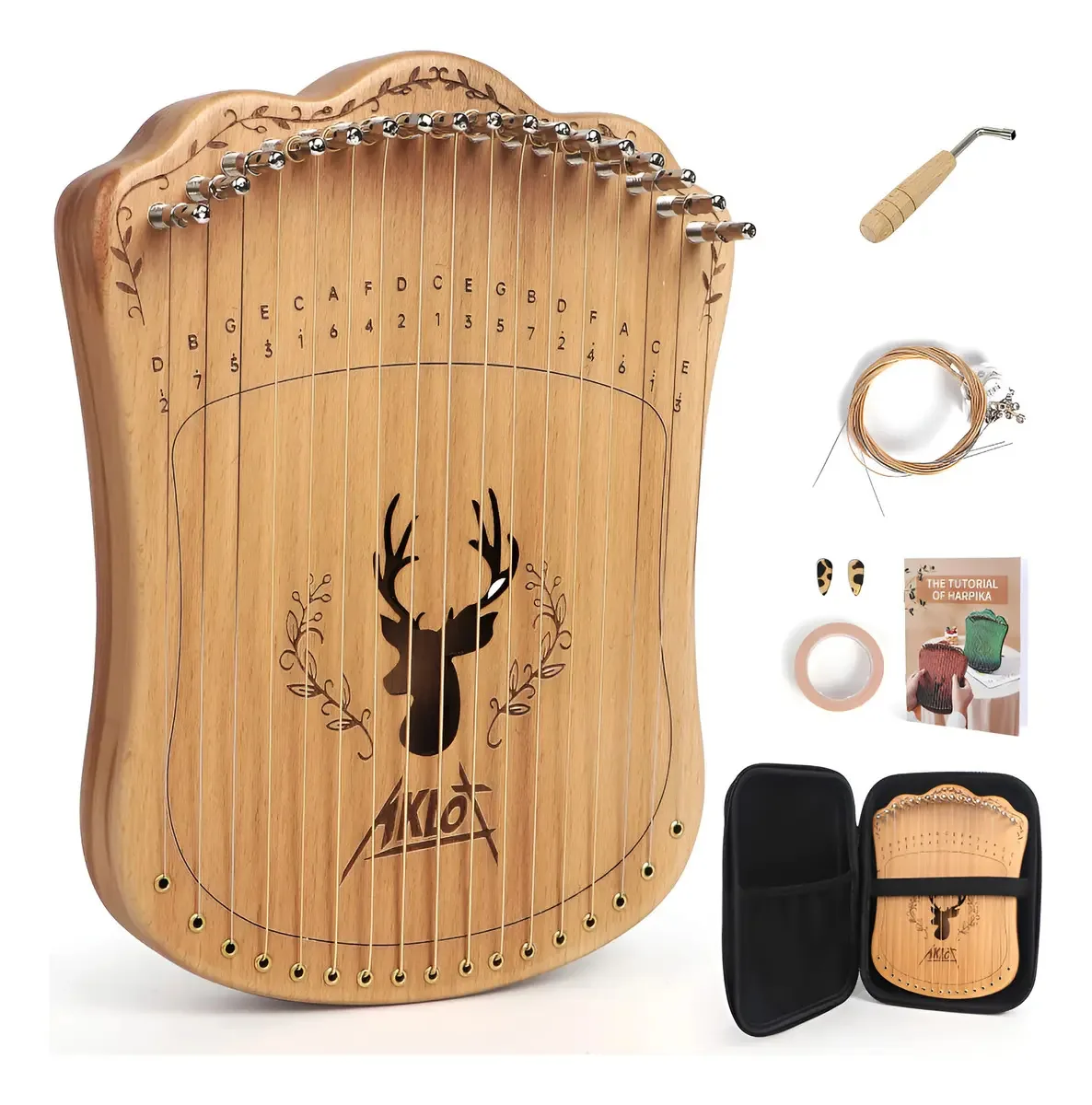Harpa Aklot Lyre, 17 cordas de metal, Thumb Piano Co. Cor: Preto