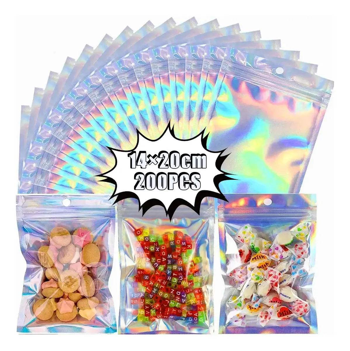 200 sacos de tornassol holográficos resseláveis Sacos de doces holográficos Sacos de chá holográficos Sacos de doces Sacos holográficos Embalagem Bolsa holográfica