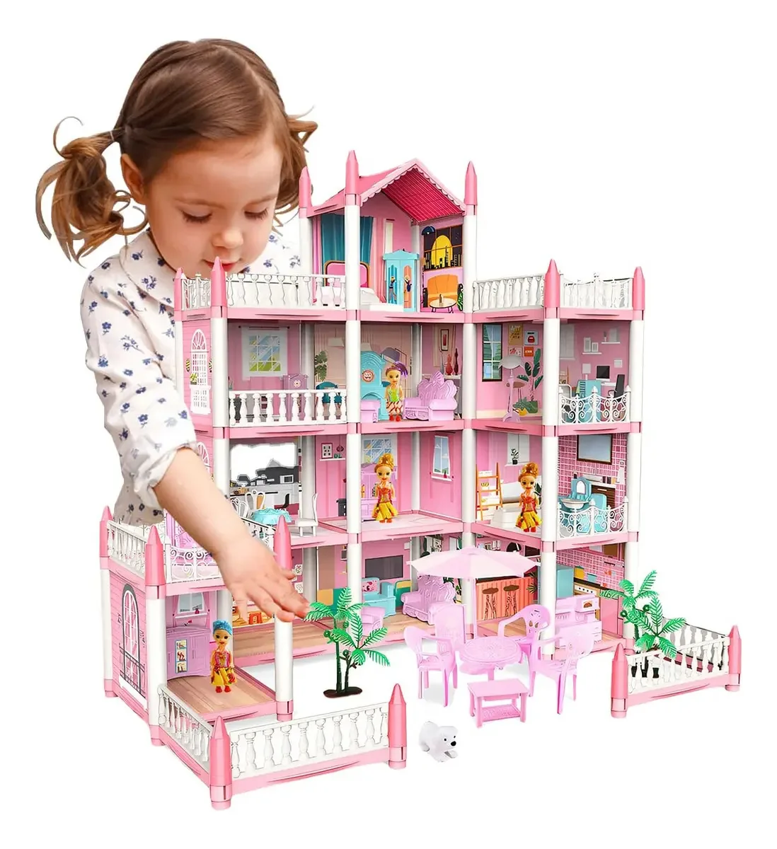 Casa de Bonecas Grande com 4 Bonecas e Móveis DIY