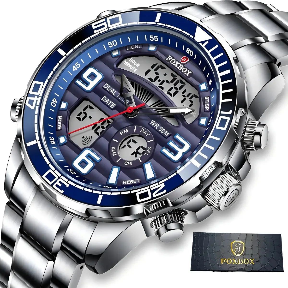Relógios Masculinos Luminosos Foxbox Luxury Chronograph Bisel Azul
