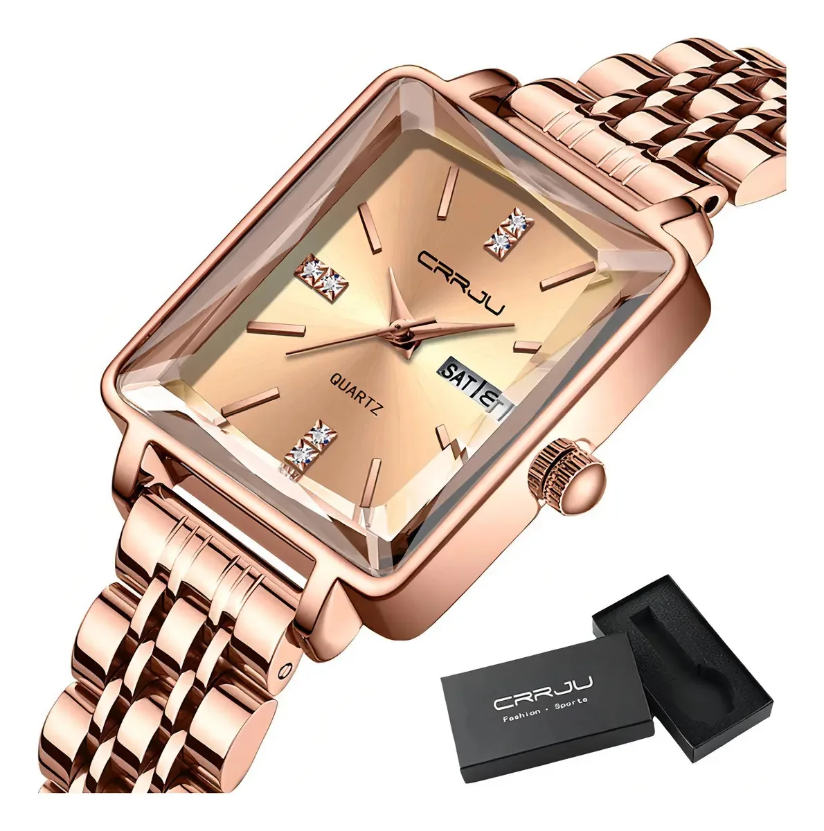 Relógios quadrados de luxo Crrju Calendar Diamond - pulseira rosa