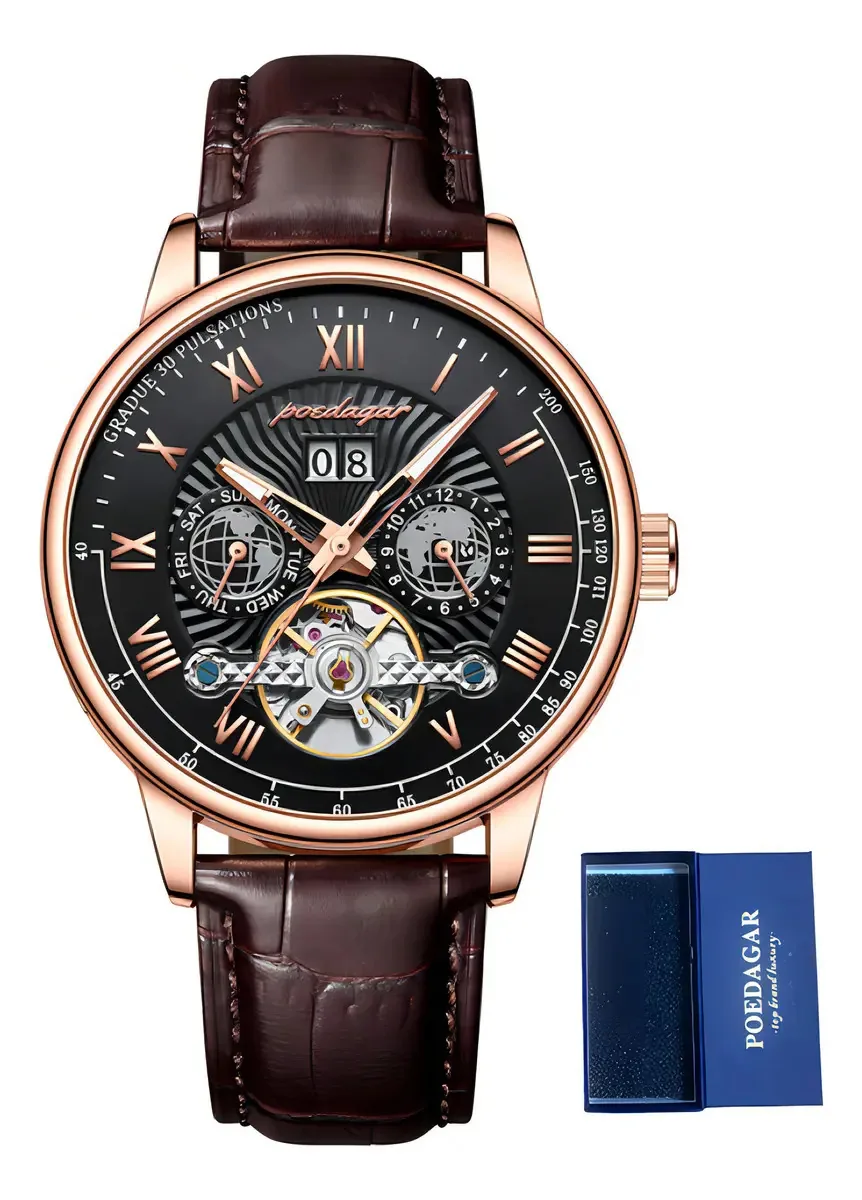 Relógios mecânicos Poedagar Tourbillon Calendar Bezel rosa/preto