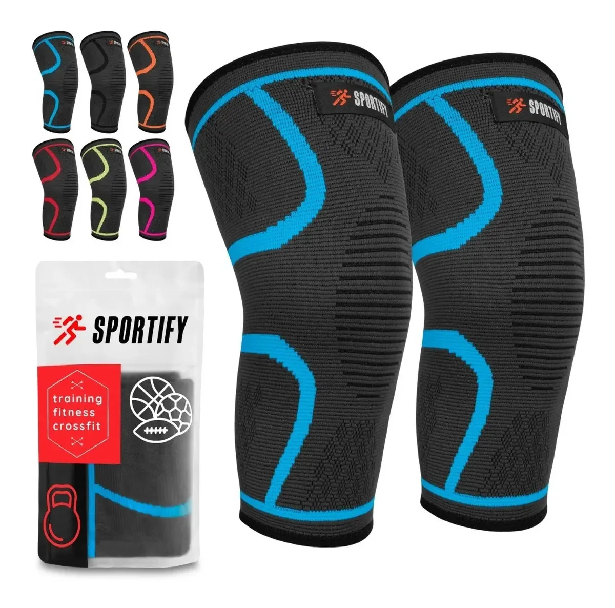 1 par de joelheiras esportivas ortopédicas elásticas Sportify, azul, tamanho L — grande