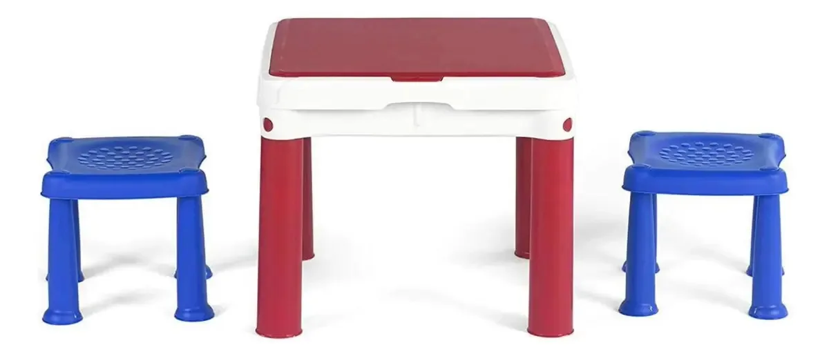Mesa de atividades para crianças, blocos de Lego com cadeiras vermelhas/azuis
