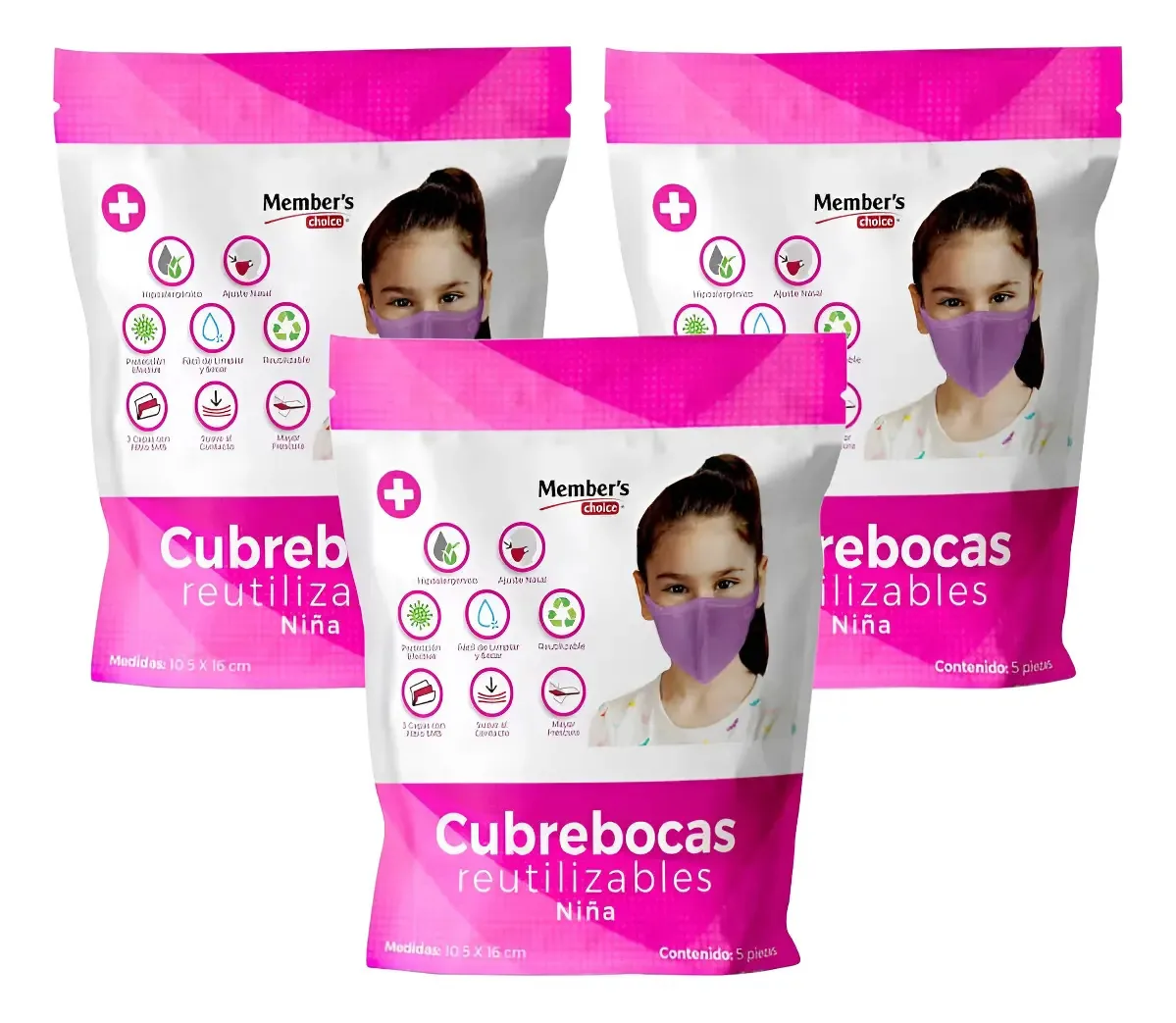 Máscaras faciais infantis reutilizáveis Member's Choice, goma de mascar rosa, 15 unidades