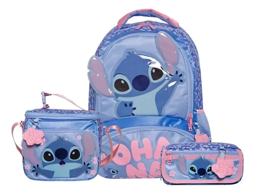 Conjunto de 3 mochilas escolares, lancheira e porta-canetas Lilo And Stitch Blue Stitch