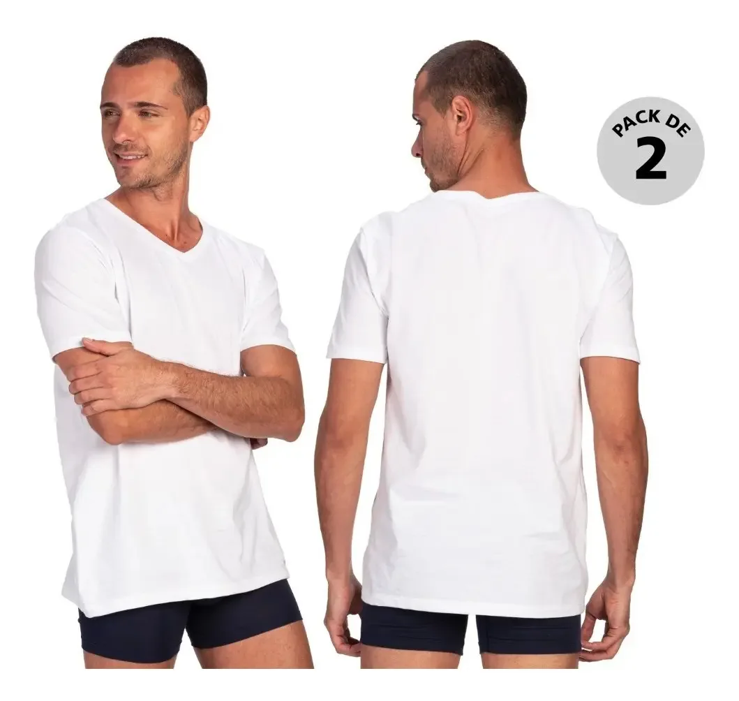 Pacote X2: camisetas masculinas com decote em V, cor branca, magras