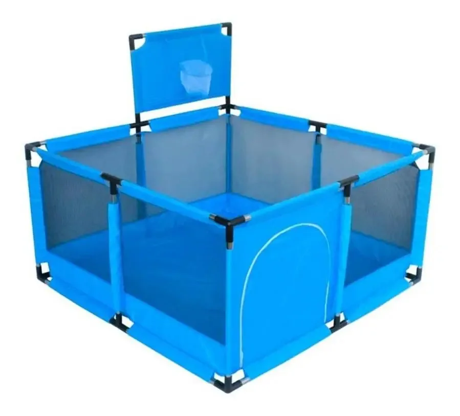 Cercadinho de bebê dobrável azul com cesta de basquete
