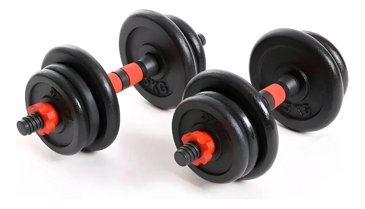 Conjunto de 2 halteres ajustáveis com discos de metal de 15 kg, cor preta