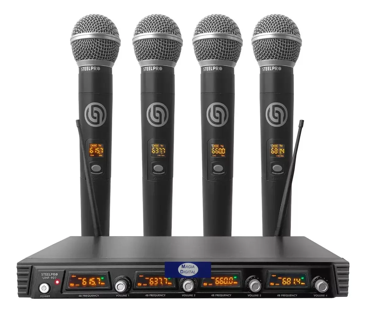 Conjunto de microfones Steelpro UHF Uhf-907, 4 microfones sem fio, cor preta