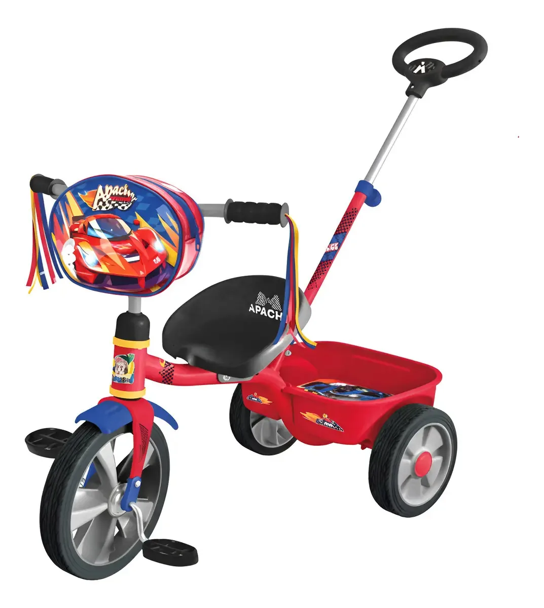 Baú Patin Tricycle Push Bar com bolsa de luxo, vermelho e preto