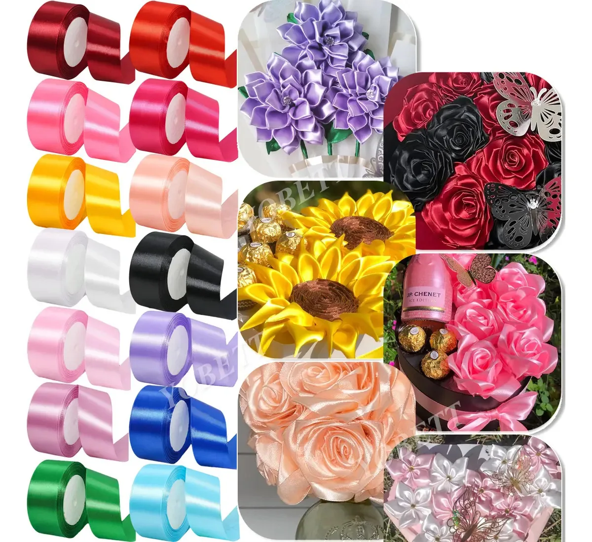 14 rolos de fitas de cetim em rosa, vermelho, azul amari