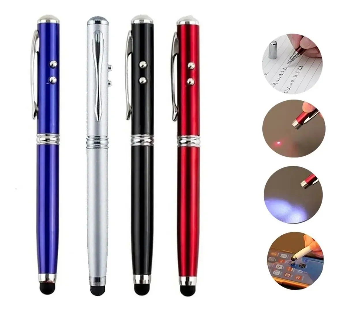 Caneta Laser Pointer Pen Touch Stylus LED Light 4 em 1 totalmente preta