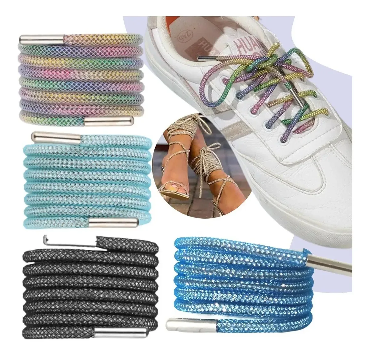 Cadarços, diamantes, malha, cadarços de proteção, brilhos, tênis, cor F, multicolorido