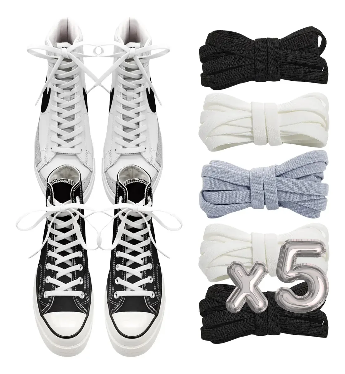 Cadarços elásticos Cadarços elásticos brancos/pretos com design elástico x 5 pares