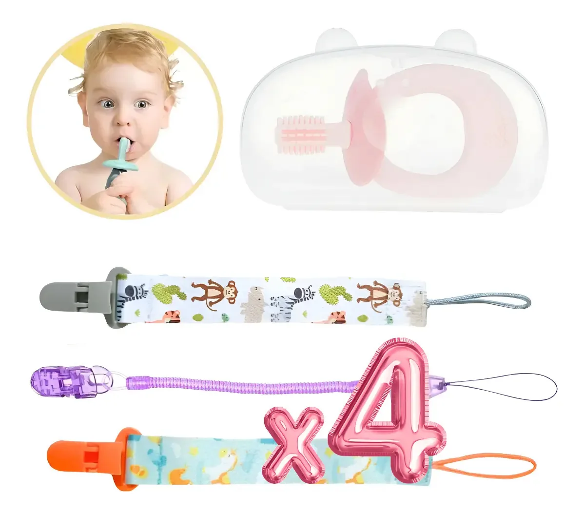 Conjunto de dentição Chupon + 3 sutiãs aleatórios para bebês rosa
